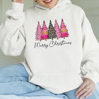 Pink Leopard Tree Hoodie, Merry Christmas Tree Hoodie, Trendy Preppy Holiday Pullover, Comfy Christmas Tree Hooded Sweatshirt, Xmas Present