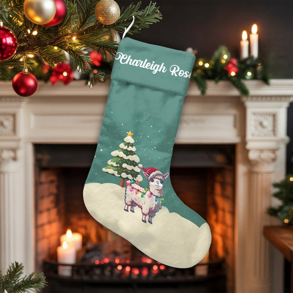 Personalized Animal Holiday Stocking, Adorable Santa Llama Christmas Stocking, Custom Name Christmas Stocking, Festive Kids C
