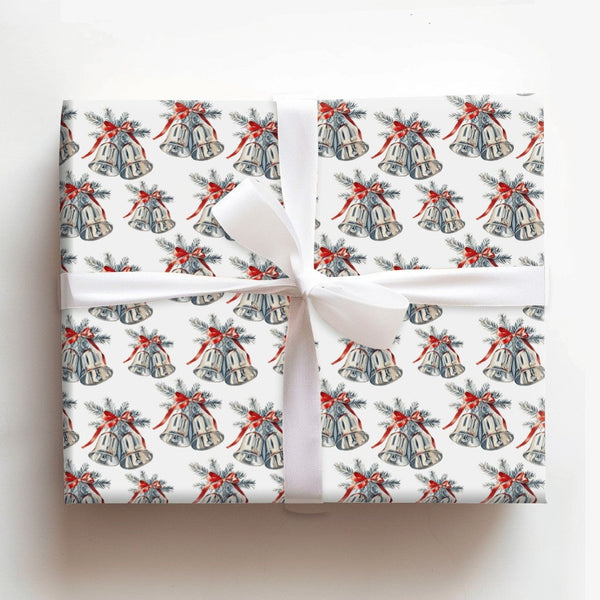 Red Ribbon Christmas Gift Wrap, Vintage Silver Bells Wrapping Paper, Watercolor Holiday Bells Wrapping Paper