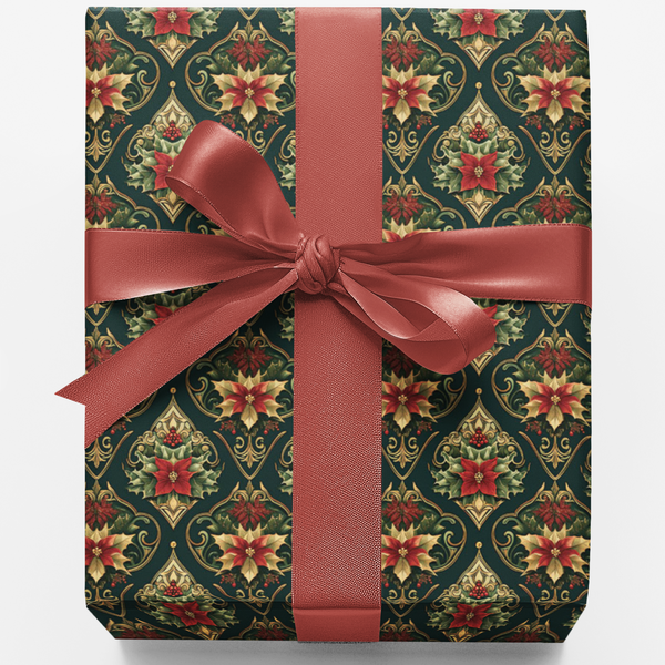 Victorian Christmas Gift Wrap, Baroque Poinsettia Wrapping Paper, Vintage Botanical Holiday Wrapping Paper, Xmas Present Wrap