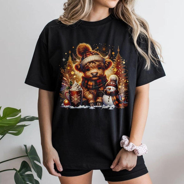 Comfy Winter Holiday Graphic Tee, Highland Cow Christmas T-Shirt, Adorable Farm Animal Holiday Shirt, Festive Cow Lover T-Shi