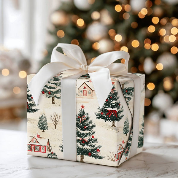 Snowy Cottages Christmas Gift Wrap, Watercolor Winter Village Wrapping Paper, Rustic Holiday Wrapping Paper, Seasonal Gift Wr
