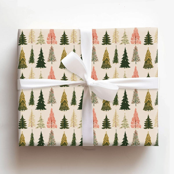 Colorful Holiday Forest Gift Wrap, Vintage Christmas Tree Wrapping Paper, Retro Pastel Winter Wrapping Paper, Festive Xmas Gi