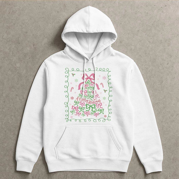 Pink Bow Aesthetic Winter Hoodie, Coquette Christmas Tree Hoodie, Merry Christmas Hooded Pullover, Adorable Holiday Girls Gra