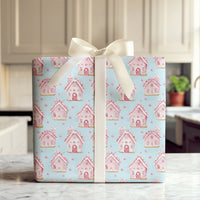 Pastel Christmas Wrapping Paper, Pink Gingerbread House Wrapping Paper, Watercolor Holiday Gift Wrap, Adorable Winter Present Wrapping Paper