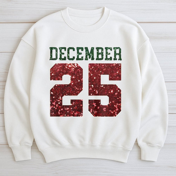 Red Glitter Christmas Number Shirt, December 25 Sweatshirt, Festive Holiday Date Crewneck, Comfy Winter Sweater, Xmas Present