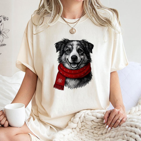 Adorable Winter Scarf Dog Graphic Tee, Border Collie Christmas Dog T-Shirt, Holiday Dog Lover Shirt, Festive Puppy Xmas T-Shi
