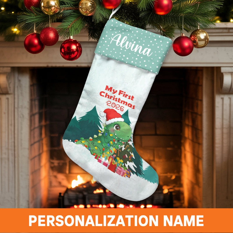 Baby First Christmas Stocking, Personalized Dinosaur Christmas Stocking, Custom Dino Holiday Stocking, Adorable Baby Keepsake Xmas Stocking Present
