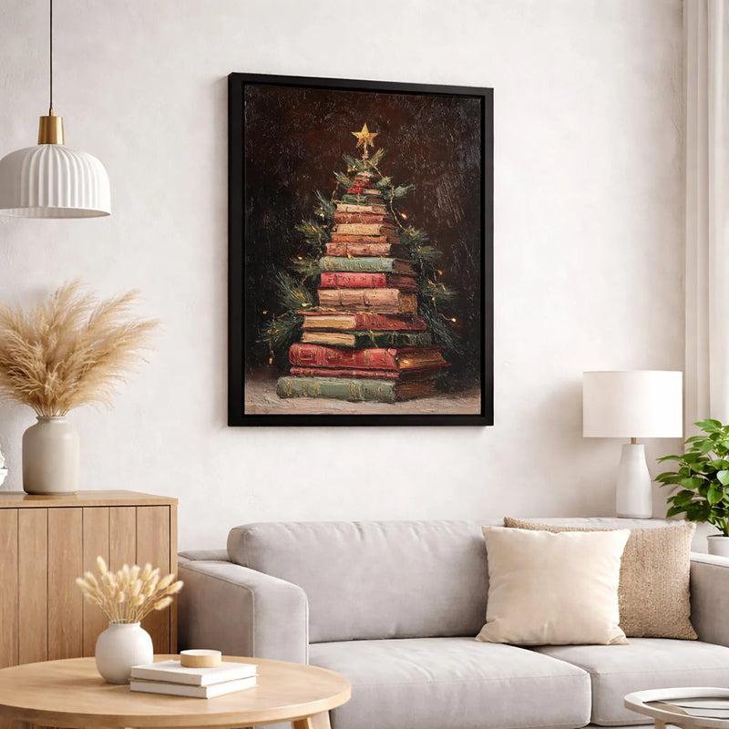 Bookish Library Wall Art, Book Lover Christmas Tree Canvas Print, Bookworm Holiday Wall Decor, Comfy Reading Art Canvas
