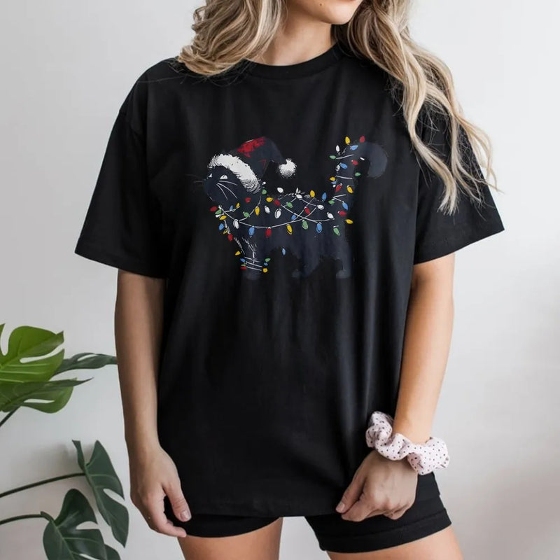 Humorous Cat Tangled in String Lights Tee, Black Cat Christmas Lights Shirt, Santa Hat Cat Holiday T-Shirt, Retro Christmas Cat Graphic Tee