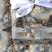 Snowy Village Holiday Gift Wrap, Vintage Steam Train Christmas Wrapping Paper, Nostalgic Xmas Wrapping Paper, Winter Present Gift Wrap Roll