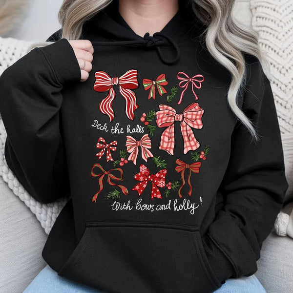 Deck the Halls with Bows and Holly Sweatshirt, Retro Christmas Hoodie, Coquette Holiday Hoodie, Adorable Xmas Hooded Sweatshi