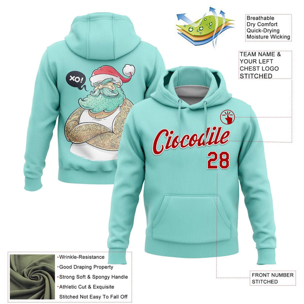 Ice Blue Red White Holiday Hoodie, Custom Christmas Santa Hoodie, Personalized Name Number Sweatshirt, Stitched Xmas Pullover