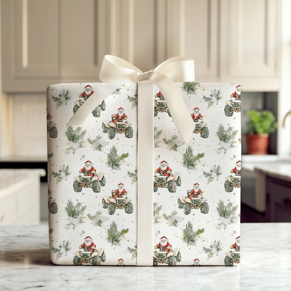 Off-Road Quad Christmas Gift Wrap, Santa Riding ATV Wrapping Paper, Winter Foliage Santa Wrapping Paper, Rustic Holiday Gift 