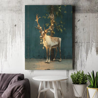 Whimsical Winter Forest Canvas Print, Christmas Reindeer with Fairy Lights Canvas Wall Art, Festive Holiday Wall Decor, Xmas Home Present