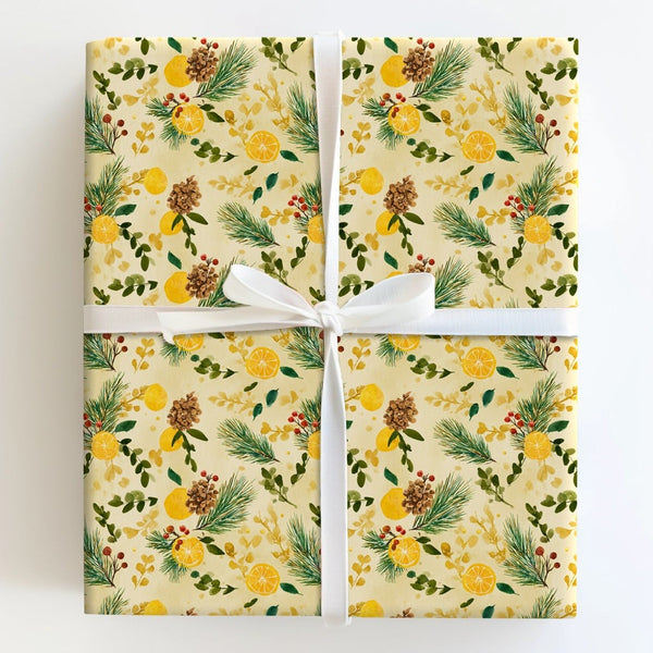 Pinecone Berry Holiday Gift Wrap, Watercolor Lemon Christmas Wrapping Paper, Botanical Winter Wrapping Paper, Citrus Festive 