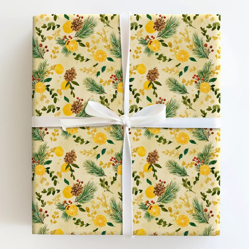 Pinecone Berry Holiday Gift Wrap, Watercolor Lemon Christmas Wrapping Paper, Botanical Winter Wrapping Paper, Citrus Festive Gift Wrap Roll