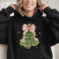 Coquette Bow Holiday Pullover, Watercolor Christmas Tree Hoodie, Aesthetic Winter Season Sweatshirt, Adorable Xmas Tree Hoodie
