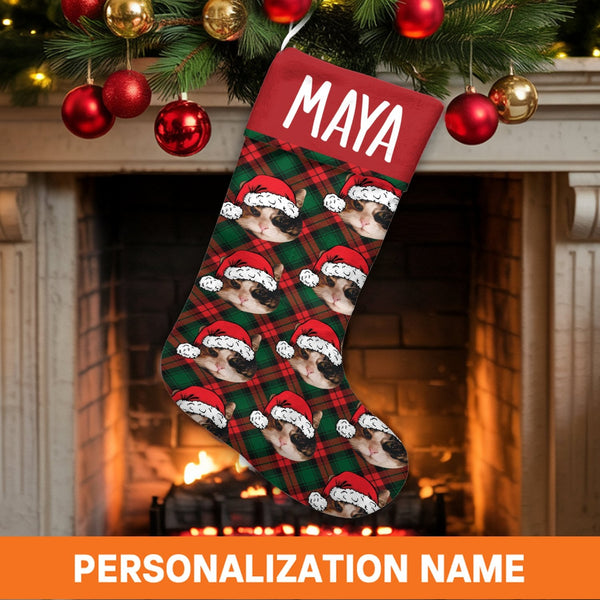 Custom Photo Pet Stocking, Personalized Cat Christmas Stocking, Velboa Holiday Stocking, Xmas Fireplace Decor, Pet Lover Chri