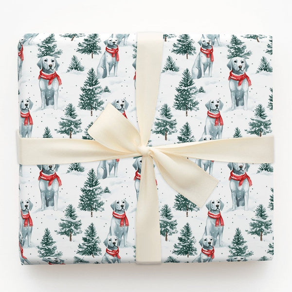 Snowy Pine Dog Wrapping Paper, White Labrador Christmas Wrapping Paper, Winter Holiday Puppy Wrapping Paper
