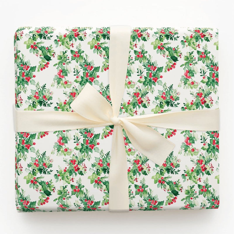Traditional Christmas Gift Wrap, Watercolor Holly Berries Wrapping Paper, Botanical Holiday Wrapping Paper, Classic Winter Gift Wrap Roll