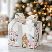 Watercolor Christmas Village Gift Wrap, Pink Gingerbread House Wrapping Paper, Whimsical Holiday Wrapping Paper, Adorable Xmas Gift Wrap Roll