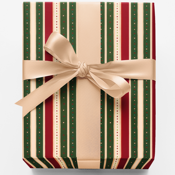 Red Green Cream Stripe Gift Wrap, Classic Striped Christmas Wrapping Paper, Gold Dot Holiday Striped Paper, Festive Winter Gi