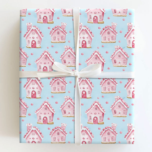 Pastel Christmas Wrapping Paper, Pink Gingerbread House Wrapping Paper, Watercolor Holiday Gift Wrap, Adorable Winter Present