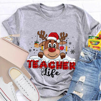 Red Plaid Teacher Shirt, Christmas Teacher Life T-Shirt, Holiday Educator Tee, Festive Plaid Graphic T-Shirt, Teacher Christmas Present Tee