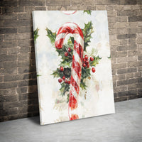 Watercolor Holly Berries Canvas Print, Christmas Candy Cane Canvas Wall Art, Festive Holiday Canvas, Xmas Wall Decor, Holiday Season Present
