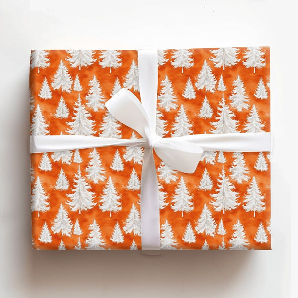 Orange Watercolor Gift Wrap, Pine Tree Christmas Wrapping Paper, Winter Forest Wrapping Paper, Modern Holiday Present Paper R