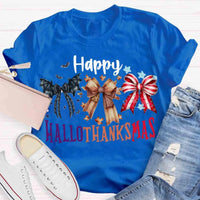 Halloween Thanksgiving Christmas Shirt, Happy Hallothanksmas Bow T-Shirt, Humorous Fall Holiday Mashup Graphic Tee, Autumn Coquette Top
