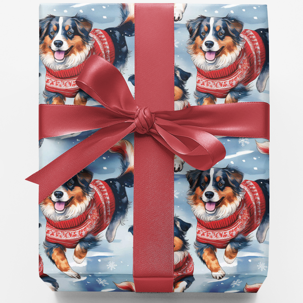 Winter Sweater Dog Gift Wrap, Australian Shepherd Wrapping Paper, Festive Dog Lover Wrapping Paper Roll, Christmas Present Wr
