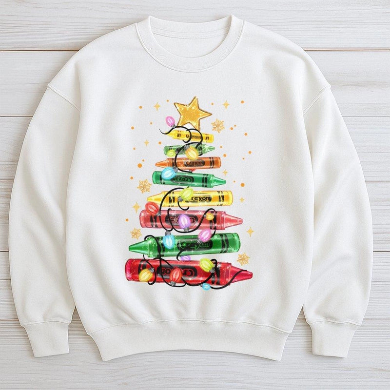Art Teacher Holiday Crewneck, Christmas Crayon Tree Sweatshirt, Adorable School Staff Christmas Sweater, Festive Teacher Pullover, Educator Present