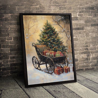 Snowy Tree and Presents Painting, Vintage Christmas Sleigh Canvas Print, Holiday Season Wall Art Poster, Winter Decor, Digital Download