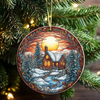 Stained Glass Winter Cabin Ornament, Winter Cabin Christmas Ornament, Ceramic Holiday Tree Ornament, Rustic Xmas Keepsake, Winter Present