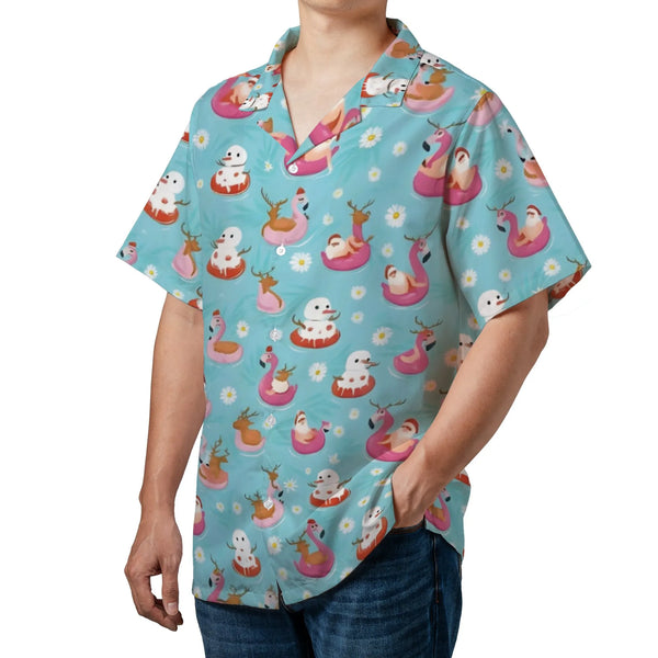 Tropical Christmas Hawaiian Shirt, Santa and Snowman Flamingo Hawaiian Shirt, Retro Holiday Flamingo Hawaiian Shirt, Beach Xm