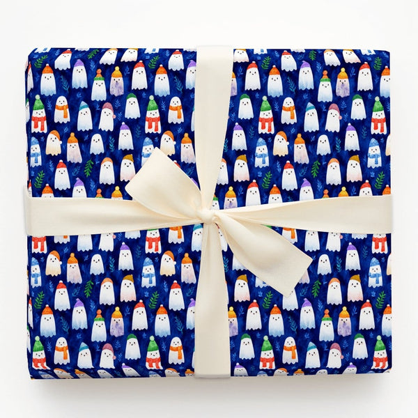 Spooky Christmas Gift Wrap, Adorable Winter Ghost Wrapping Paper, Comfy Beanie Ghost Holiday Wrapping Paper, Whimsical Xmas G