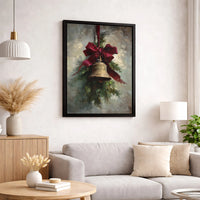 Oil Painting Style Pine Branches Wall Art, Vintage Christmas Bell Canvas Art, Red Bow Holiday Canvas Print