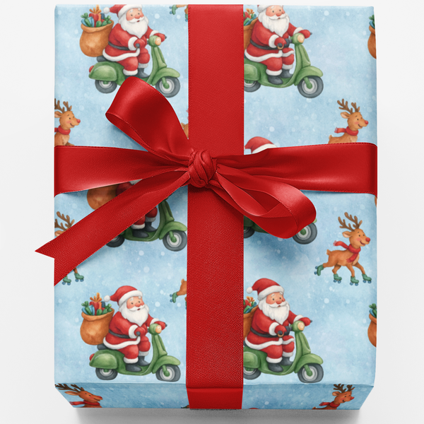 Humorous Reindeer Christmas Gift Wrap, Santa Riding Scooter Wrapping Paper, Retro Holiday Wrapping Paper, Xmas Present Wrap R