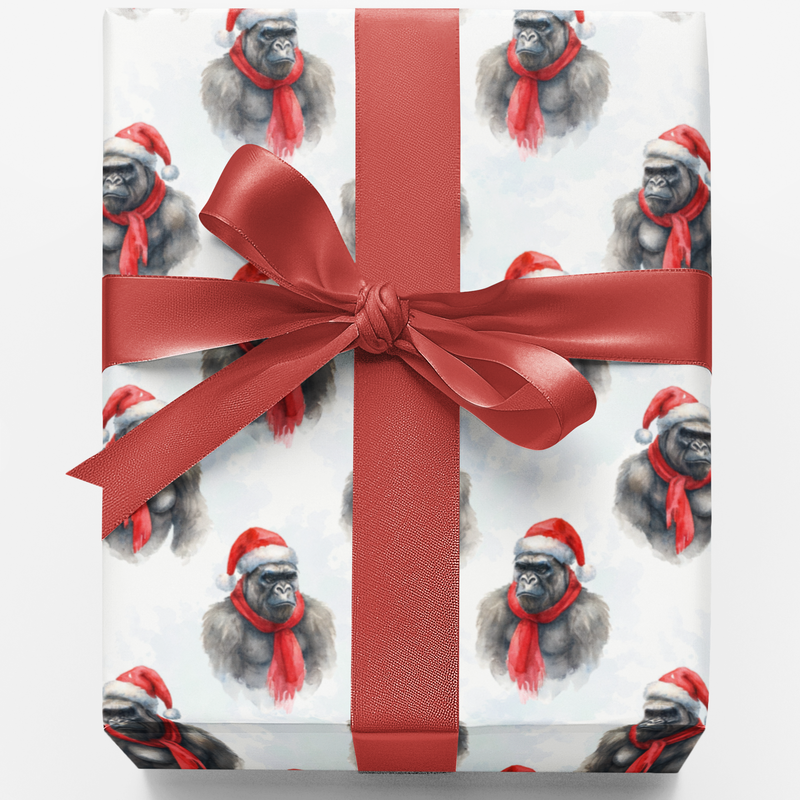 Santa Hat Animal Gift Wrap, Winter Warmth Gorilla Wrapping Paper, Humorous Christmas Present Paper Roll, Adorable Holiday Gift Wrapping Paper