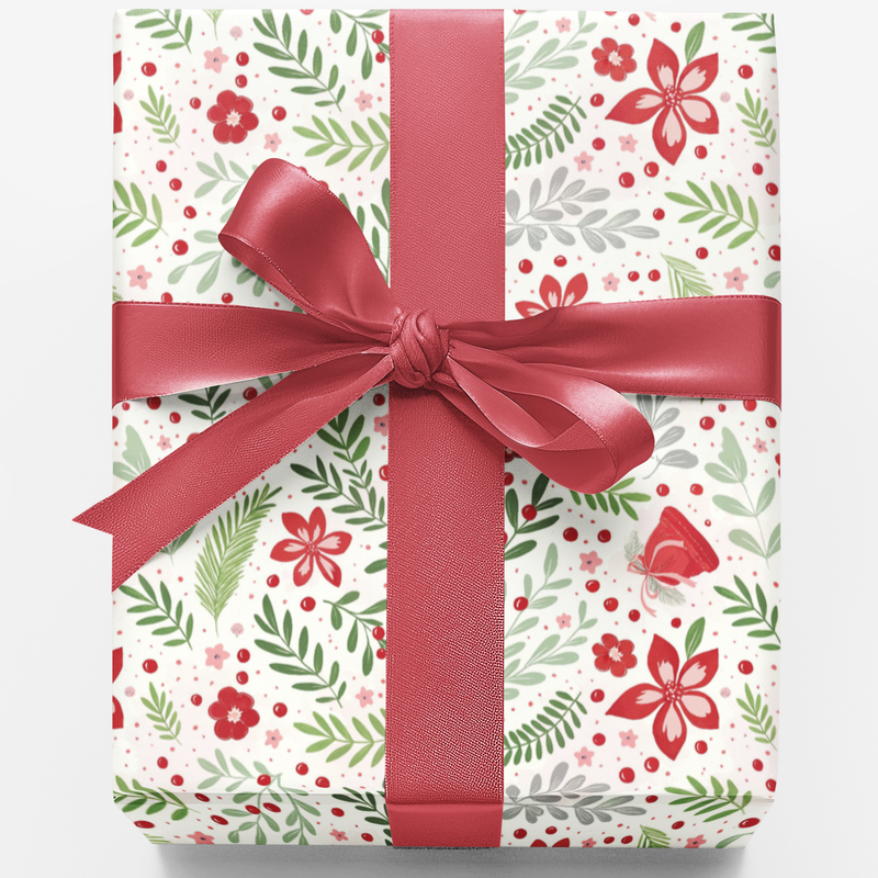 Botanical Christmas Gift Wrap, Winter Blossom Wrapping Paper, Festive Floral Holiday Wrapping Paper, Crimson Berry Winter Gift Wrap Roll