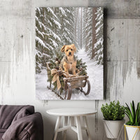 Snowy Forest Dog Wall Art, Winter Terrier Sled Canvas, Christmas Puppy Sleigh Canvas Print, Rustic Holiday Dog Lover Wall Decor