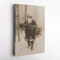 Sketch Santa Carrying Tree Canvas Print, Vintage Santa Claus Wall Art, Rustic Christmas Canvas Decor, Holiday Canvas Art, Xmas Home Present