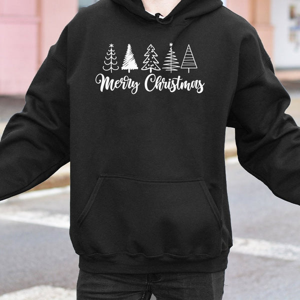 Festive Sketch Line Art Hooded Sweatshirt, Minimalist Christmas Tree Hoodie, Merry Christmas Comfy Pullover, Adorable Holiday
