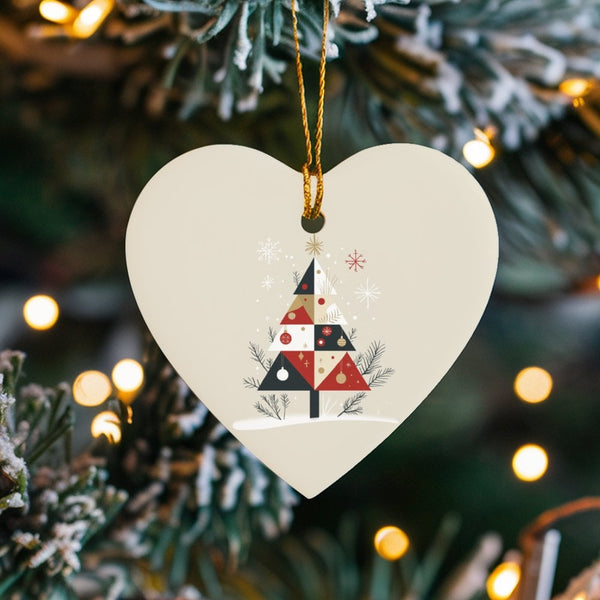 Modern Patchwork Heart Ornament, Geometric Christmas Tree Heart Ornament, Glossy Ceramic Holiday Heart Ornament, Festive Xmas
