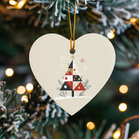 Modern Patchwork Heart Ornament, Geometric Christmas Tree Heart Ornament, Glossy Ceramic Holiday Heart Ornament, Festive Xmas Tree Decor