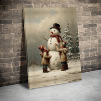 Children Building Snowman Winter Canvas, Vintage Snowman Canvas Wall Art Print, Christmas Holiday Canvas Poster, Digital Download