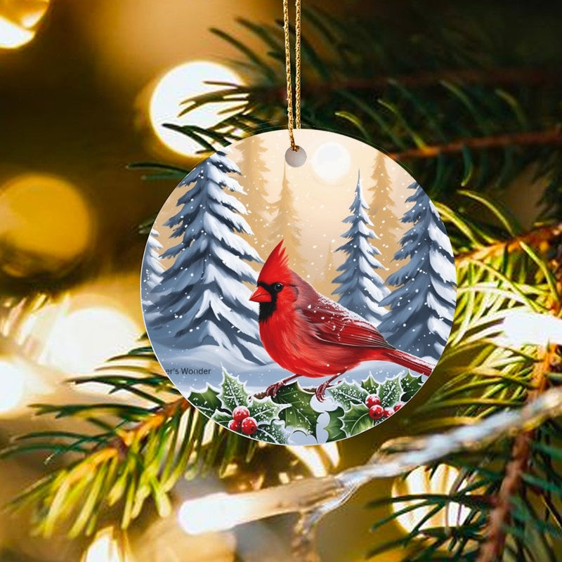 Winter Snowy Forest Bird Tree Ornament, Red Cardinal Ceramic Ornament, Cardinal Christmas Ornament, Wildlife Bird Lover Holiday Present