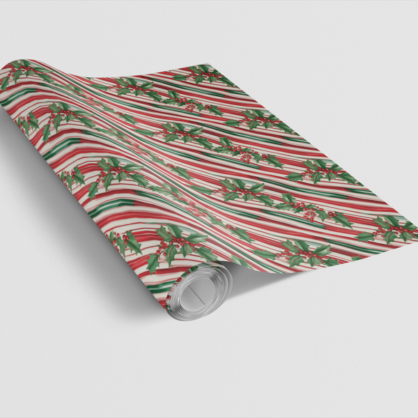 Holly Berry Christmas Gift Wrap Roll, Candy Cane Stripe Wrapping Paper, Retro Peppermint Holiday Wrapping Paper, Traditional 